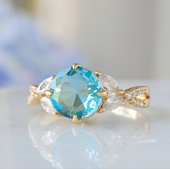 Gold and Aquamarine  Blue and Teal Gemstone Ring Set, 925 Sterling Silver - Picture 5 of 6